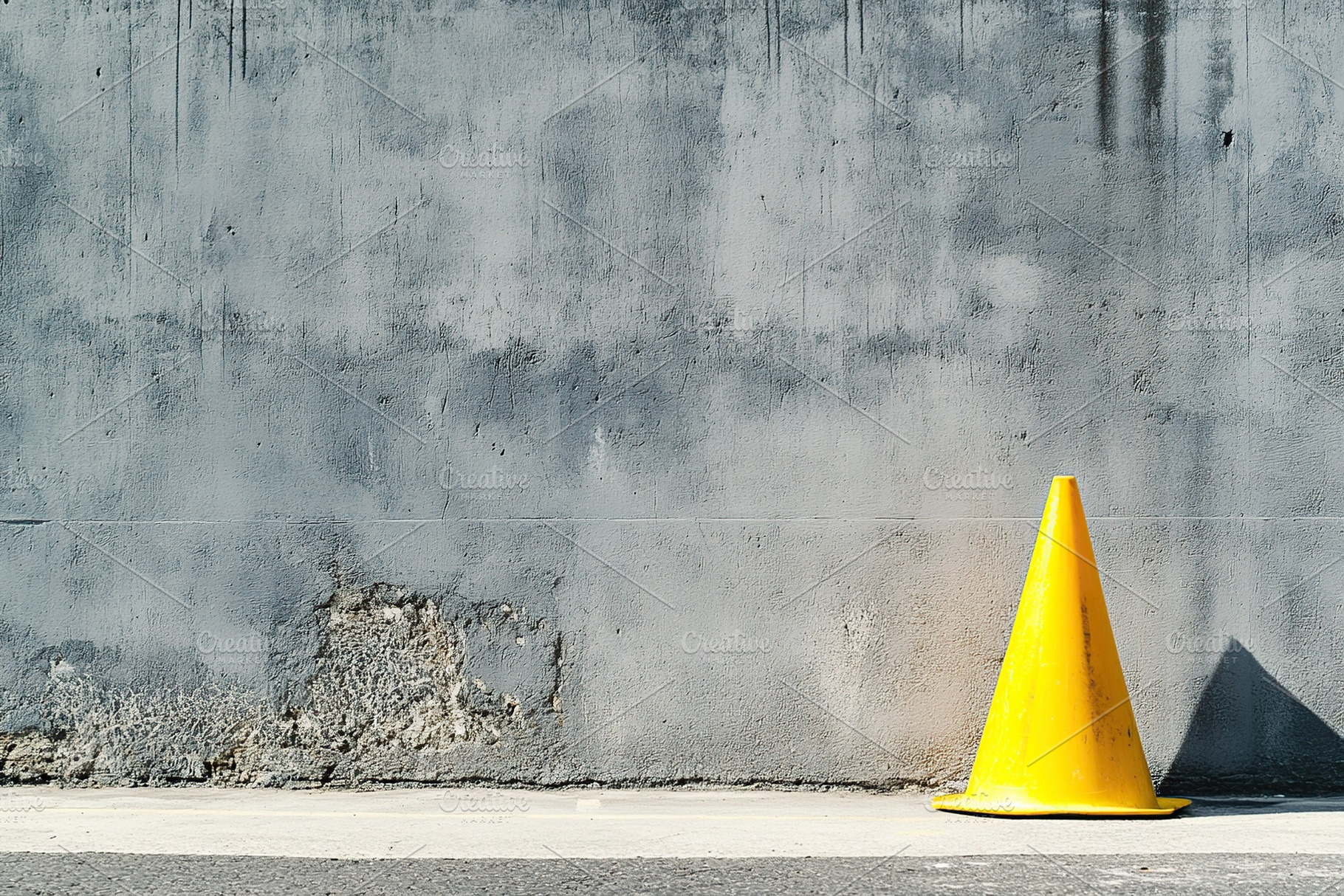 Bright yellow road cone placed against a textured grey wall showcasing urban en, an Industrial Photo by AlyaAnd