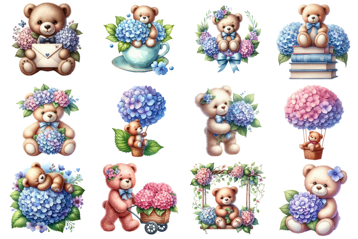 Teddy Bear with Hydrangeas, an Illustration by SinaCreation (Photo 2 of 5)