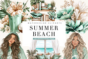 Watercolor Summer Beach Clipart, a Seasonal Illustration by BusyDaydesign (Thumbnail 1 of 9)
