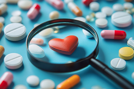 Magnifying Glass Over Heart Symbol Surrounded by Various Pills, an Abstract Photo by Natalia Klenova's Shop