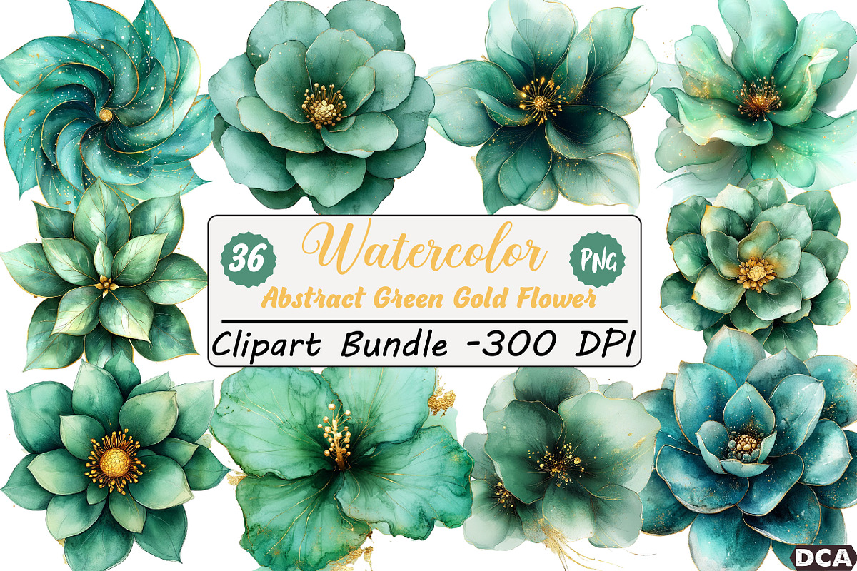 Abstract Green Gold Flower Clipart, an Illustration by DreamCafeArt (Photo 1 of 7)