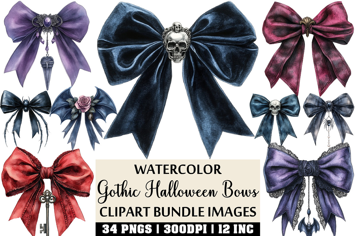 Gothic Halloween Bows Clipart Set, an Illustration by Craft Nest (Photo 1 of 4)
