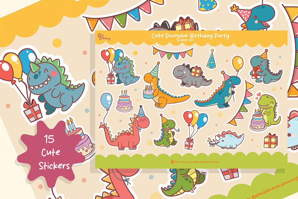 Kawaii Dinosaur Birthday Sticker Set, a Graphic by Dori Debreceni draws (Photo 3 of 4)