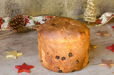 Freshly baked panettone containing background, bake, and bread