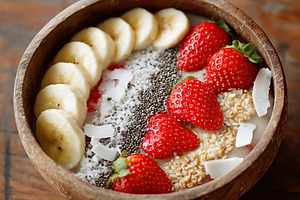 Nutritious bowl with bananas, chia seeds, and fresh strawberries for breakfast, a Food & Drink Photo by AlyaAnd
