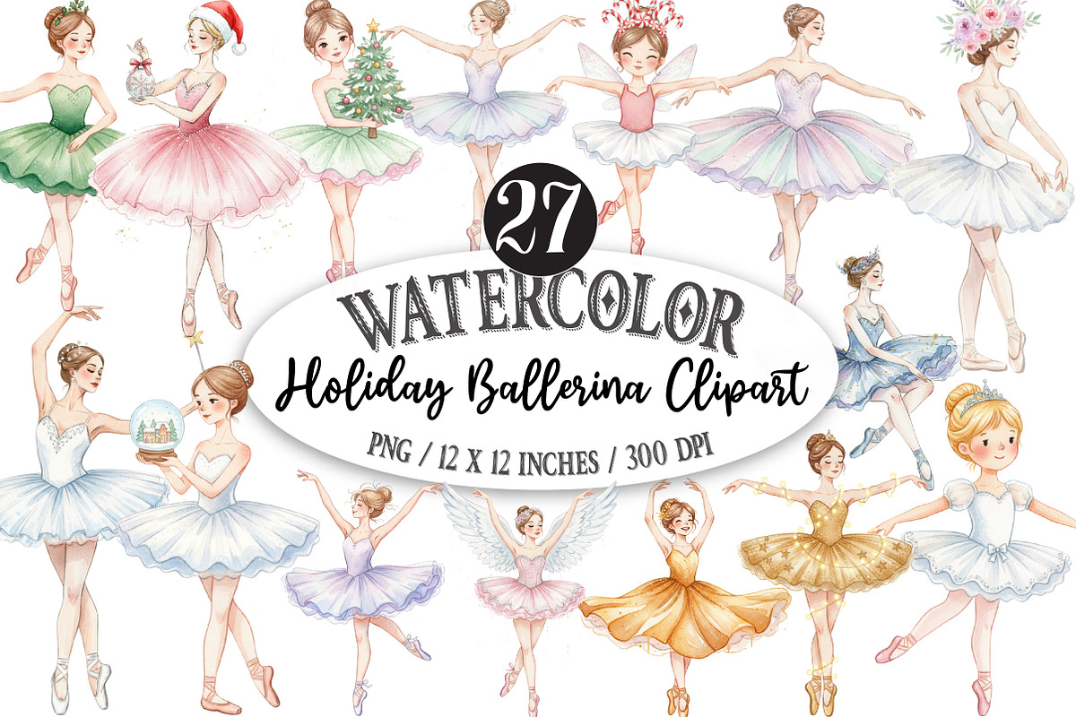 Watercolor Holiday Ballerina Clipart, an Illustration by Designking (Photo 1 of 5)