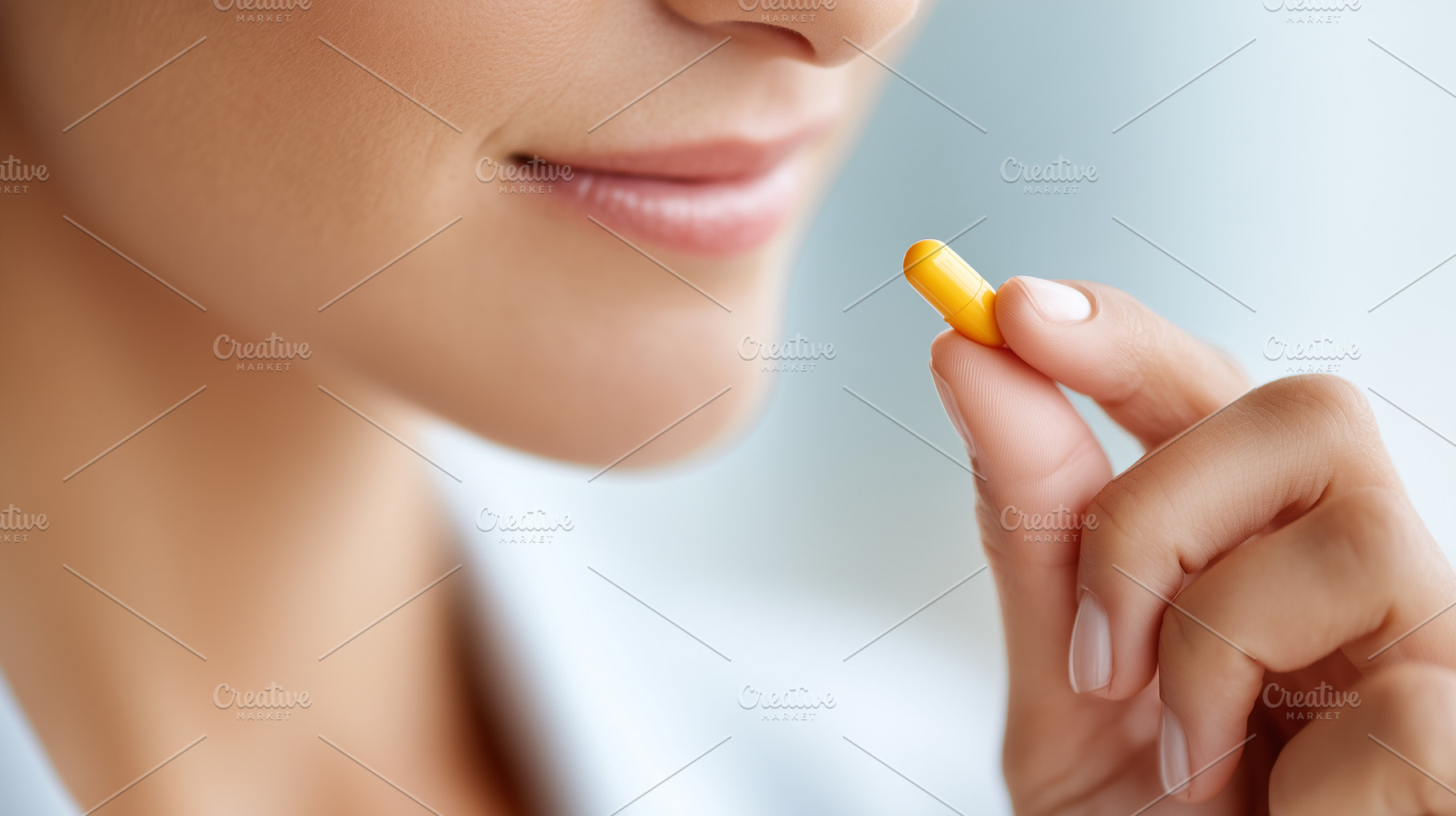 Woman holds a yellow capsule pill, a Health & Medical Photo by MistyDay