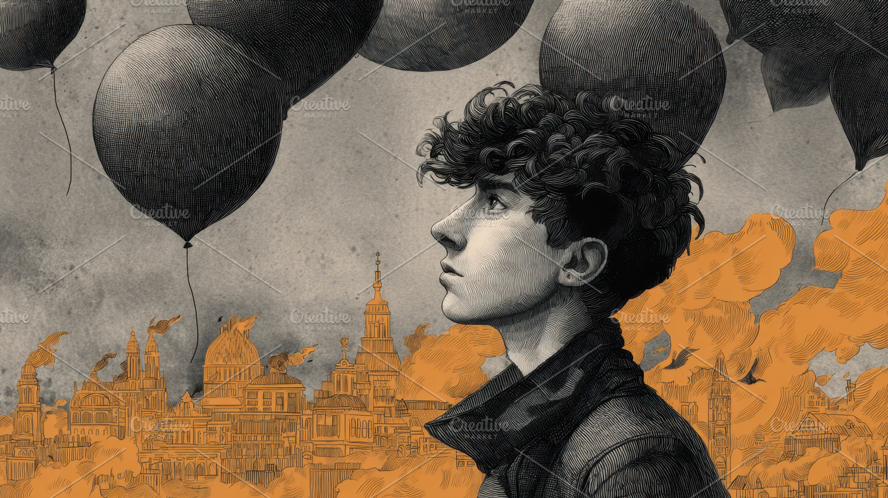 Boy looks up at balloons in city, a Photo by Beautiful things