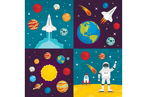 Space Planets Banner Set, Flat Style