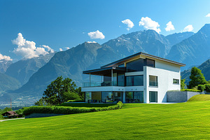 Modern swiss chalet with green grass on mountains background, a Photo by AlyaAnd