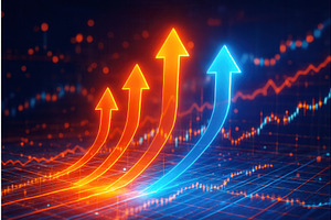 Glowing arrows in red and blue rise, a Finance Illustration by Sergey Kotenev