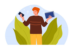 Man Choosing Between Book And Phone, an Education Illustration by Flashvector