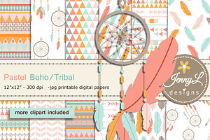 Pastel Boho Digital Papers Clipart, a Pattern Graphic by JennyL Designs