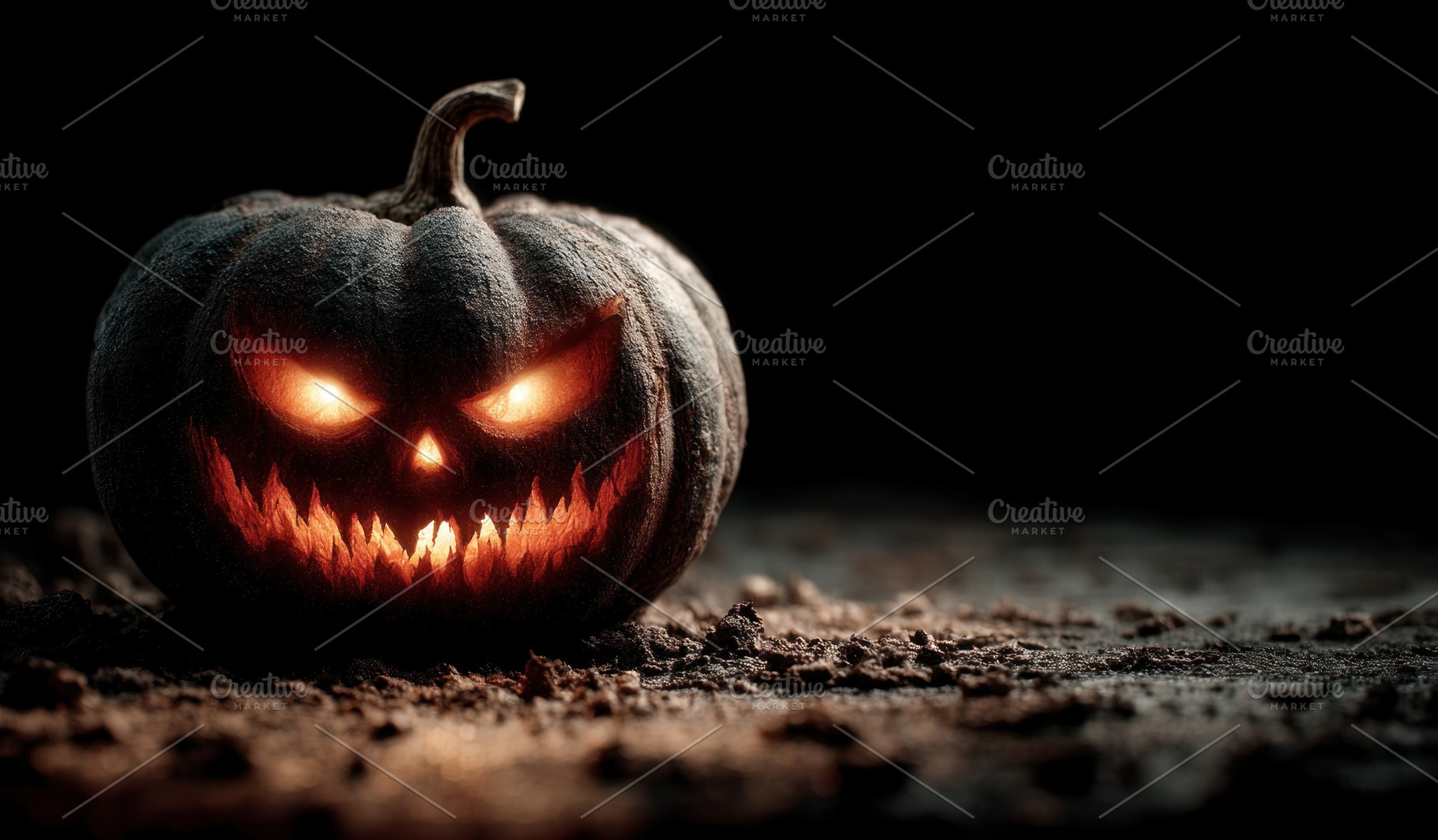 Evil jack o lantern with glowing eyes and sharp teeth on spooky, a Holiday Photo by José Manuel Gelpi