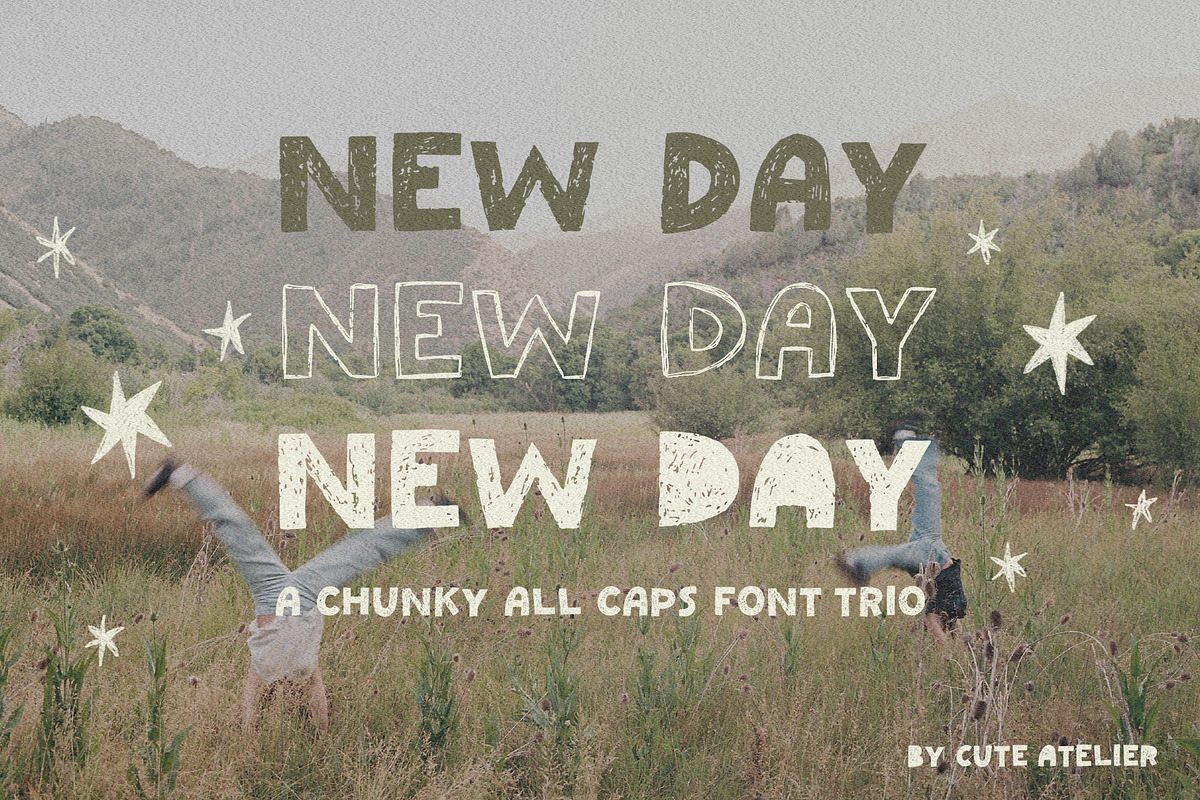 NEW DAY: CHUNKY PLAYFUL FONT TRIO, a Handwritten Font by Cute Atelier (Photo 1 of 13)