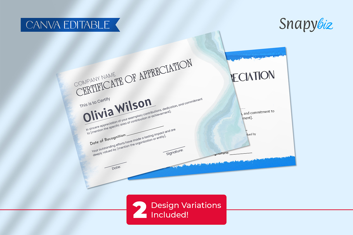 Blue Certificate Appreciation Canva, a Card Template by Snapybiz (Photo 4 of 10)