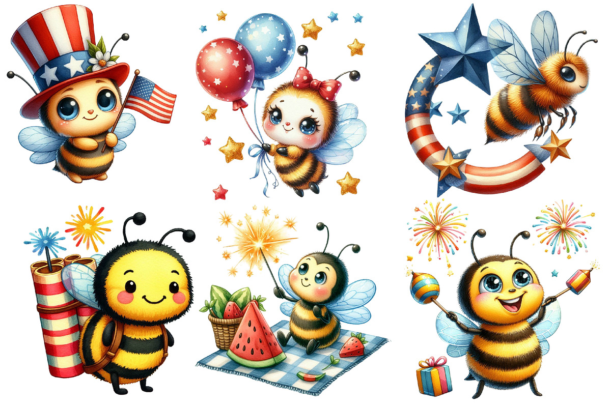 Watercolor 4th of July Bee Clipart, an Illustration by Designworld (Photo 2 of 7)