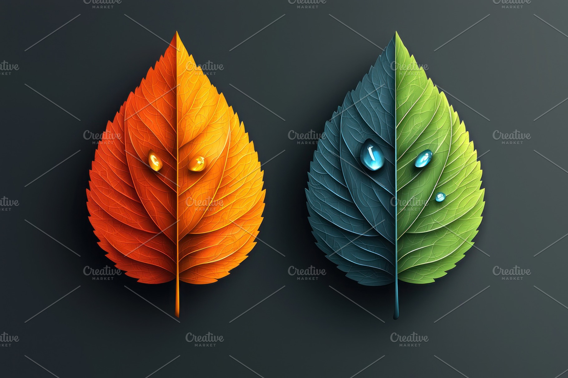 Symmetrical orange and green leaves with water droplets on dark, a Person Photo by José Manuel Gelpi