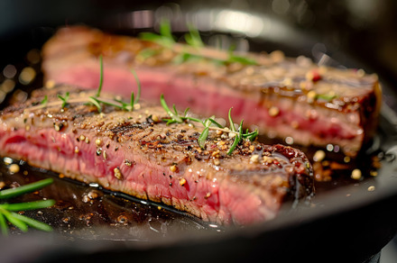 Tender steak slices seasoned with he, a Photo by Tanuart