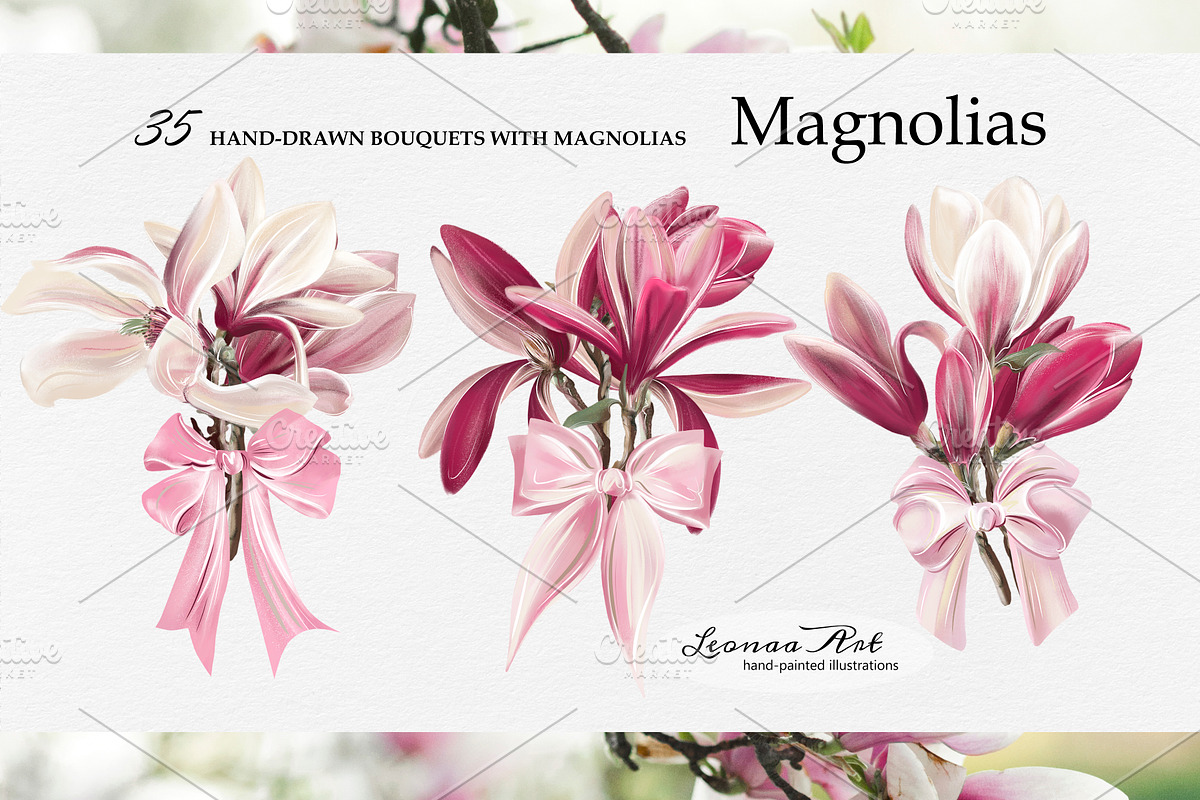Magnolia Clipart Set, a Seasonal Illustration by Leonaa art (Photo 2 of 10)