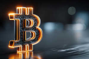 Glowing bitcoin logo on a reflective surface representing cryptocurrency, digit, a Photo by AS photostudio