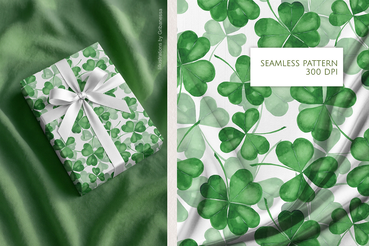 Watercolor Clover Pattern & Clipart, a Seasonal Illustration by Gribanessa (Photo 2 of 4)