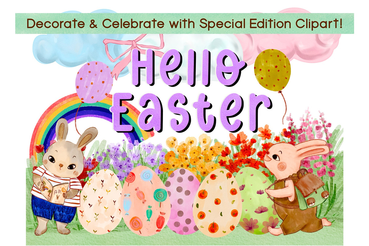 Hello Easter cute watercolor clipart, an Illustration by Annyillustration (Photo 1 of 6)