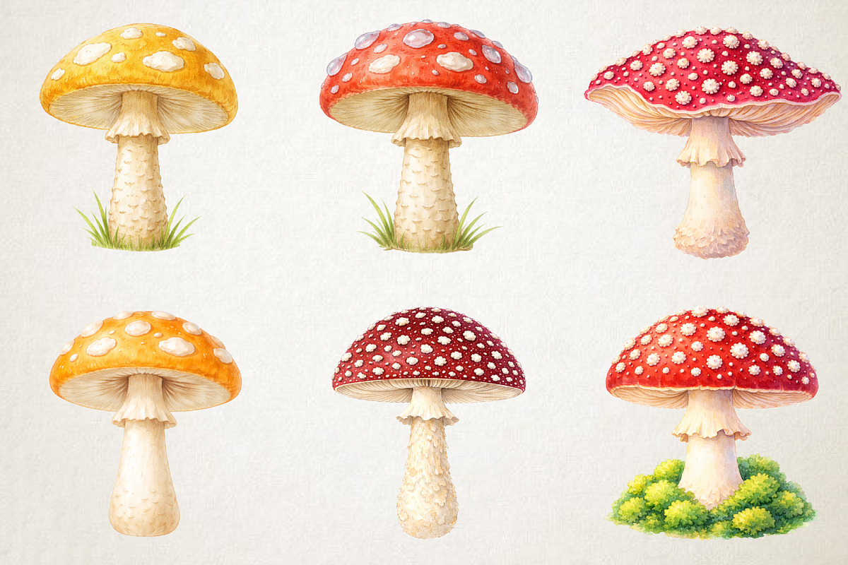 Watercolor Amanita Mushrooms Clipart, an Illustration by RobertsArt (Photo 3 of 5)