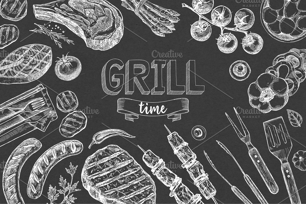 BBQ Grill Sketch Set., a Food Illustration by natadanko (Photo 3 of 3)
