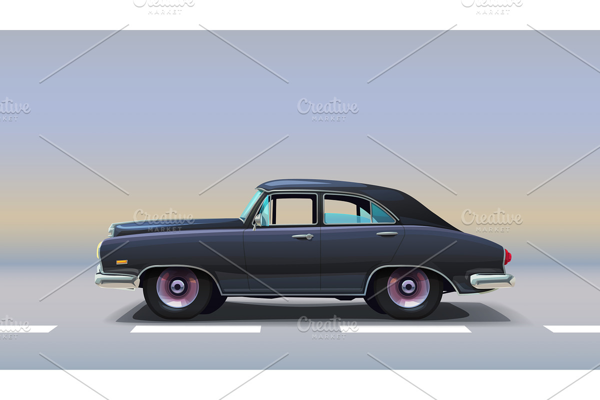 a vintage black color car side view, a Transportation Illustration by IfH