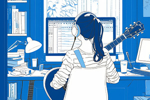 Woman playing guitar while working on computer in a creative home office, a Photo by AS photostudio