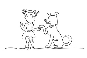 Little girl touch paw big dog. Give, a Person Illustration by Valenty