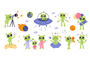Cute green alien characters. Cartoon, a Person Illustration by YummyBuum