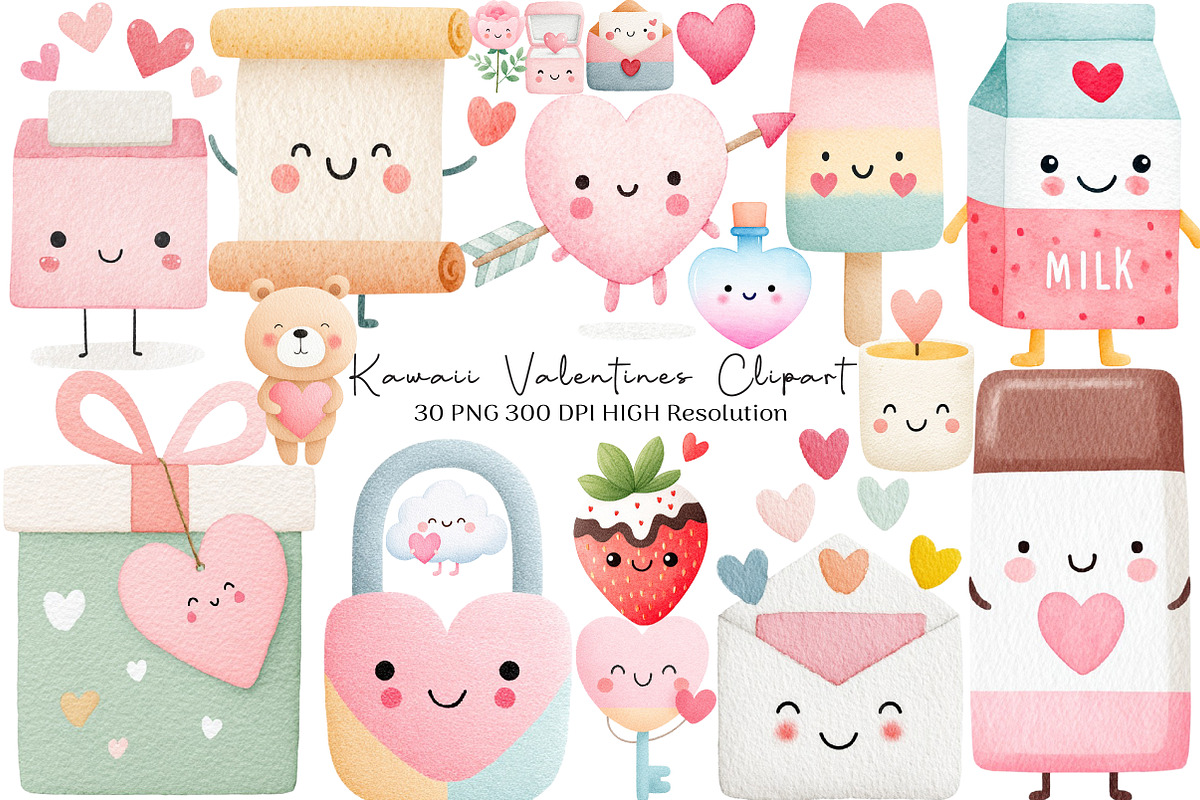 Kawaii Valentines Clipart, an Illustration by Black Bird Studio (Photo 1 of 6)