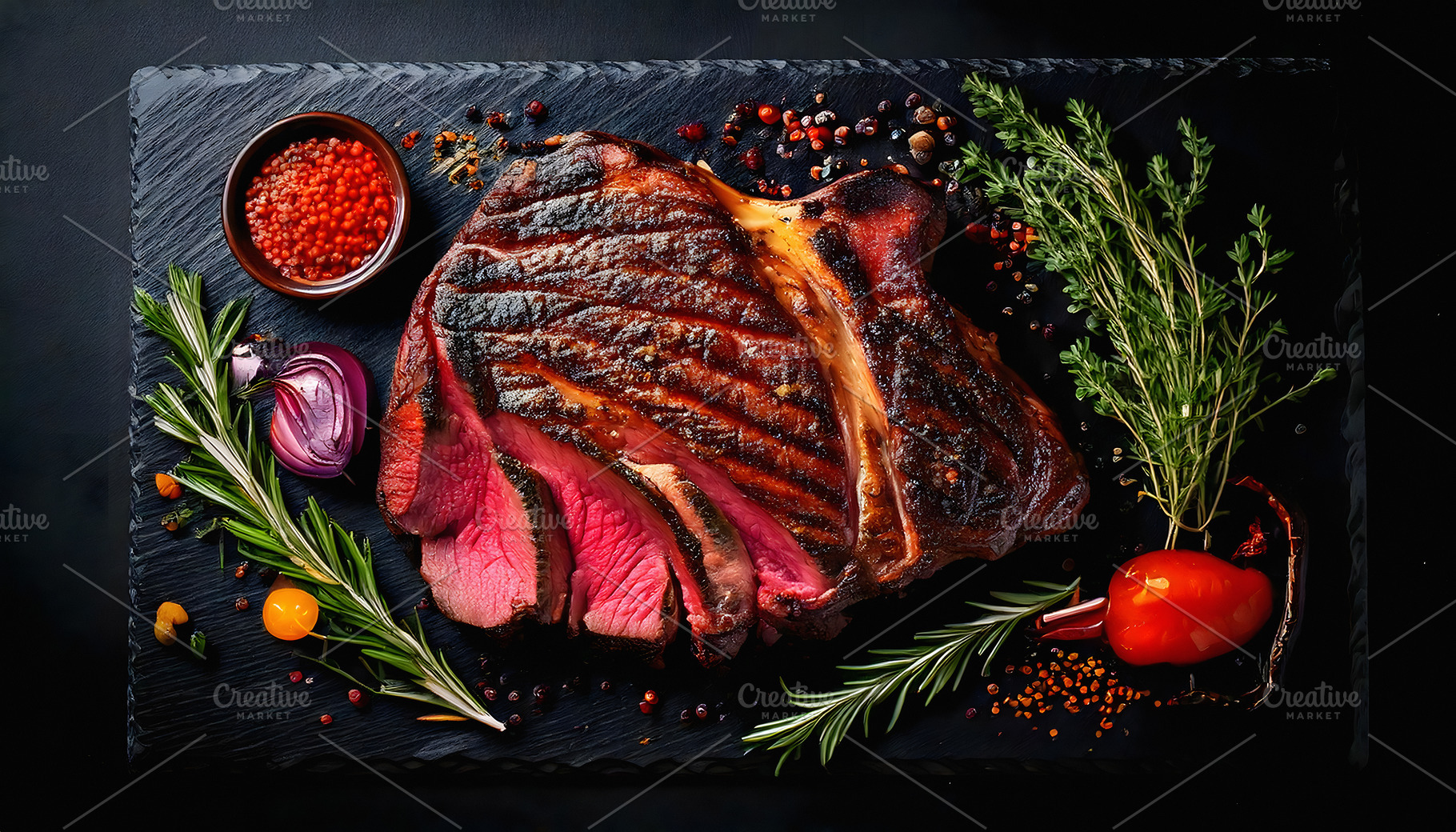 Grilled ribeye steak served with herbs and spices, a Food & Drink Photo by GoodGoods