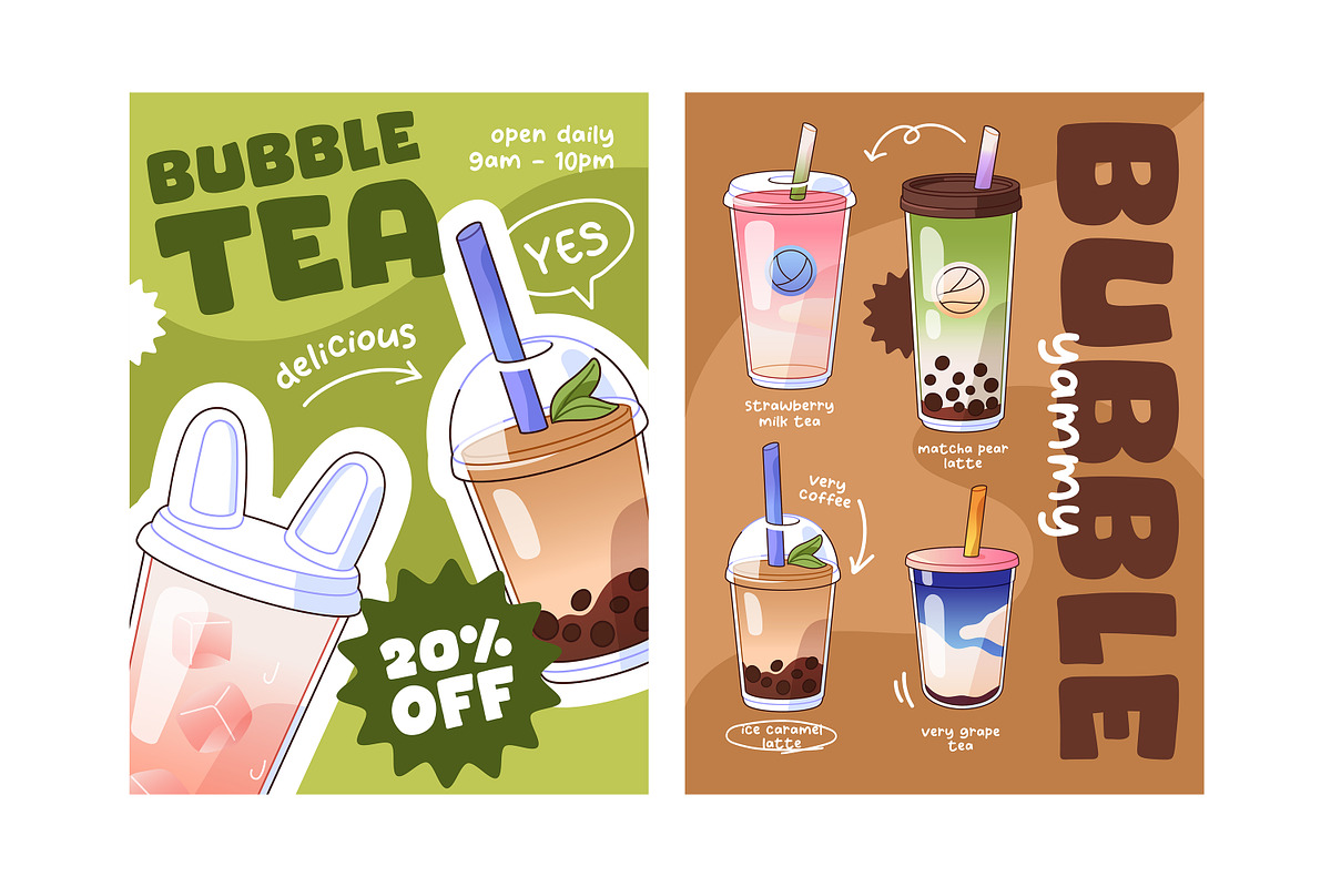 Bubble tea set + ad backgrounds, a Food Illustration by PaperTrident (Photo 6 of 11)