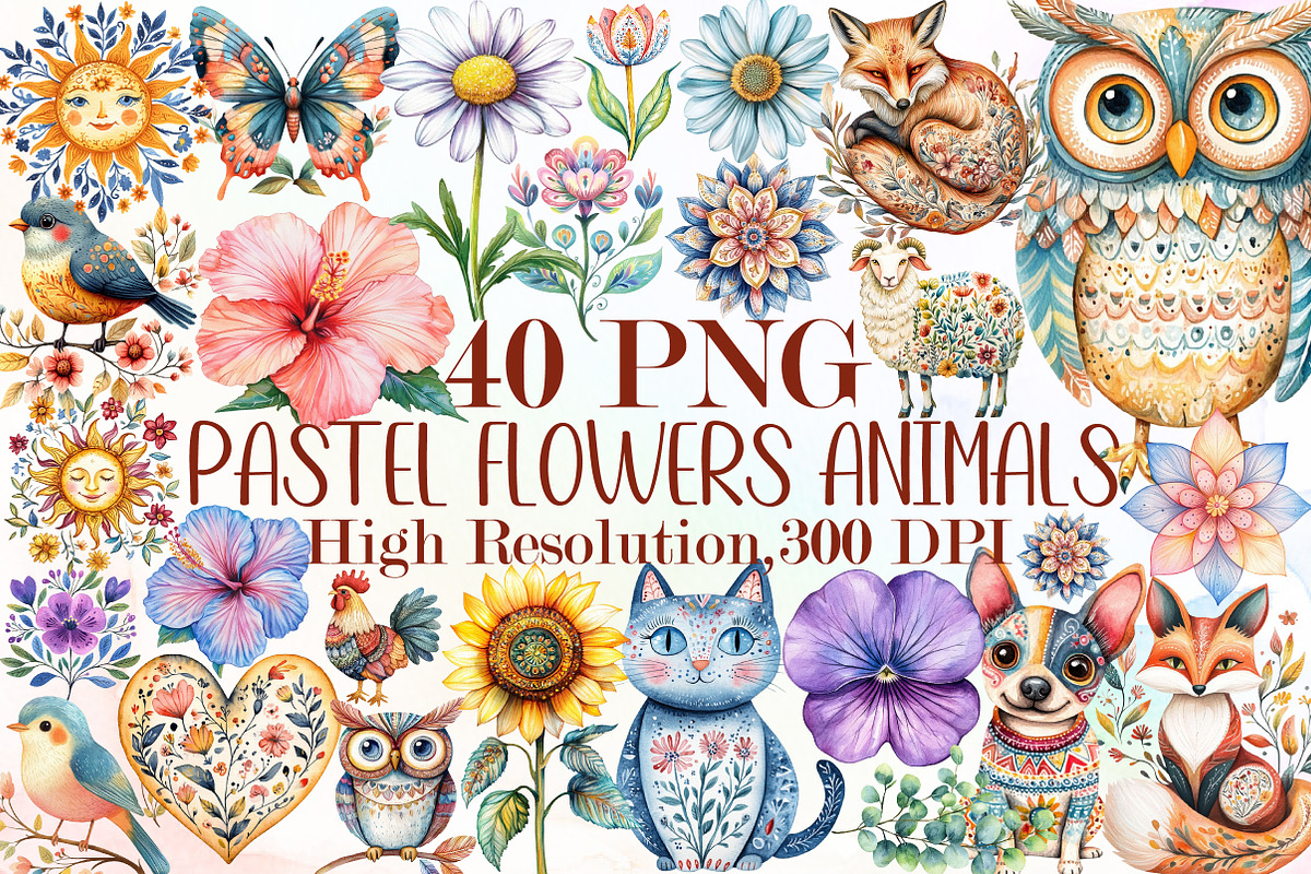 Pastel Folk Art Motifs Flowers Anima, an Illustration by Sublimation Artist (Photo 1 of 6)