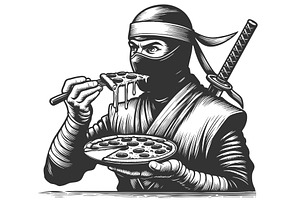 Ninja Eating Pizza Engraving Vector