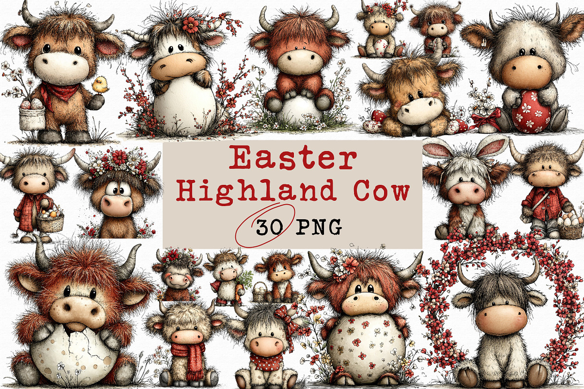 Whimsical Easter Highland Cow Clipar, an Illustration by Libby Wishes (Photo 1 of 7)