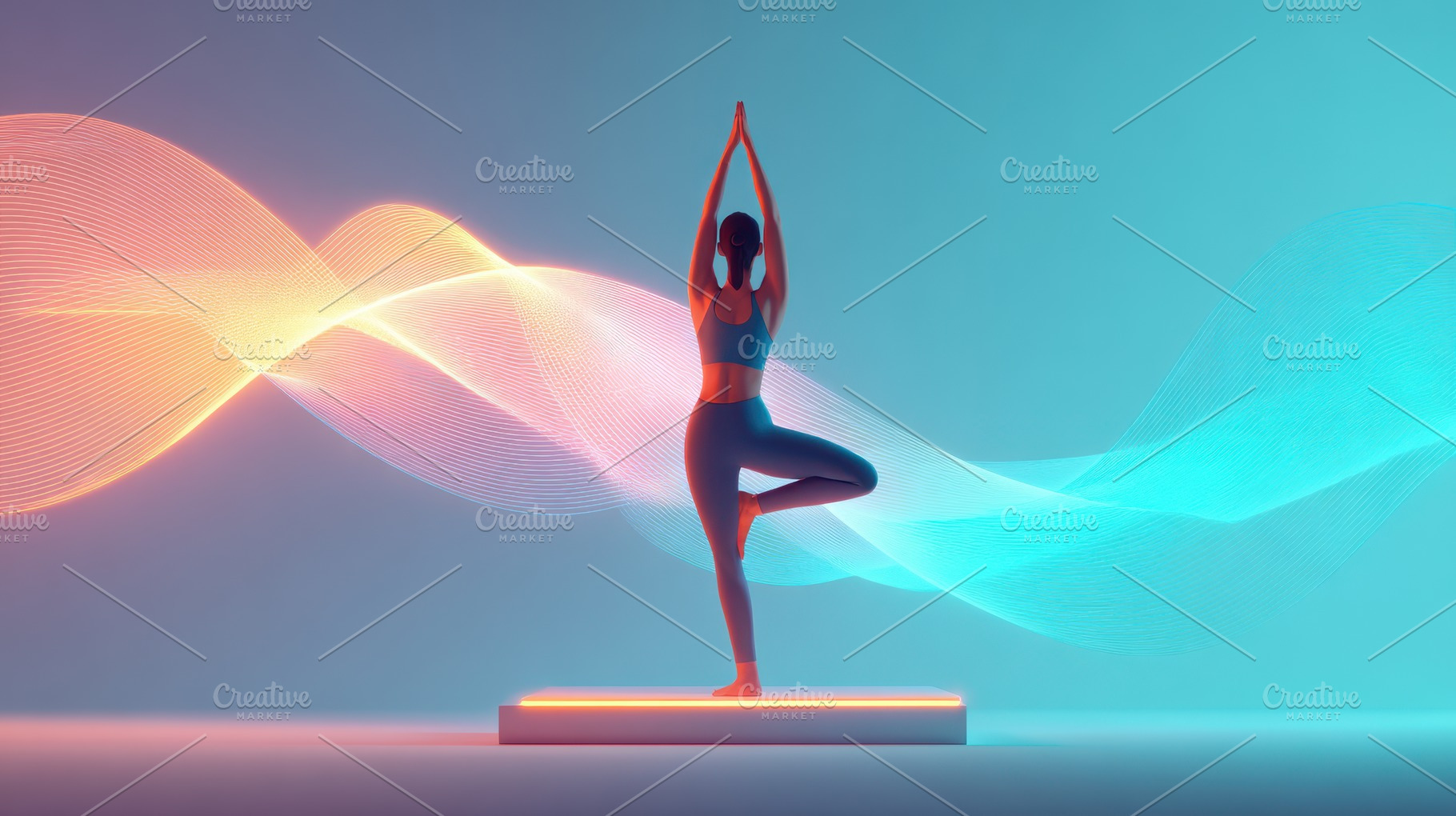 Yoga silhouette with colorful light waves, an Abstract Photo by AlyaAnd