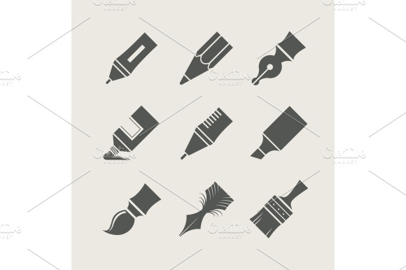 Pens And Brushes For Drawing. Set Of Simple Icons