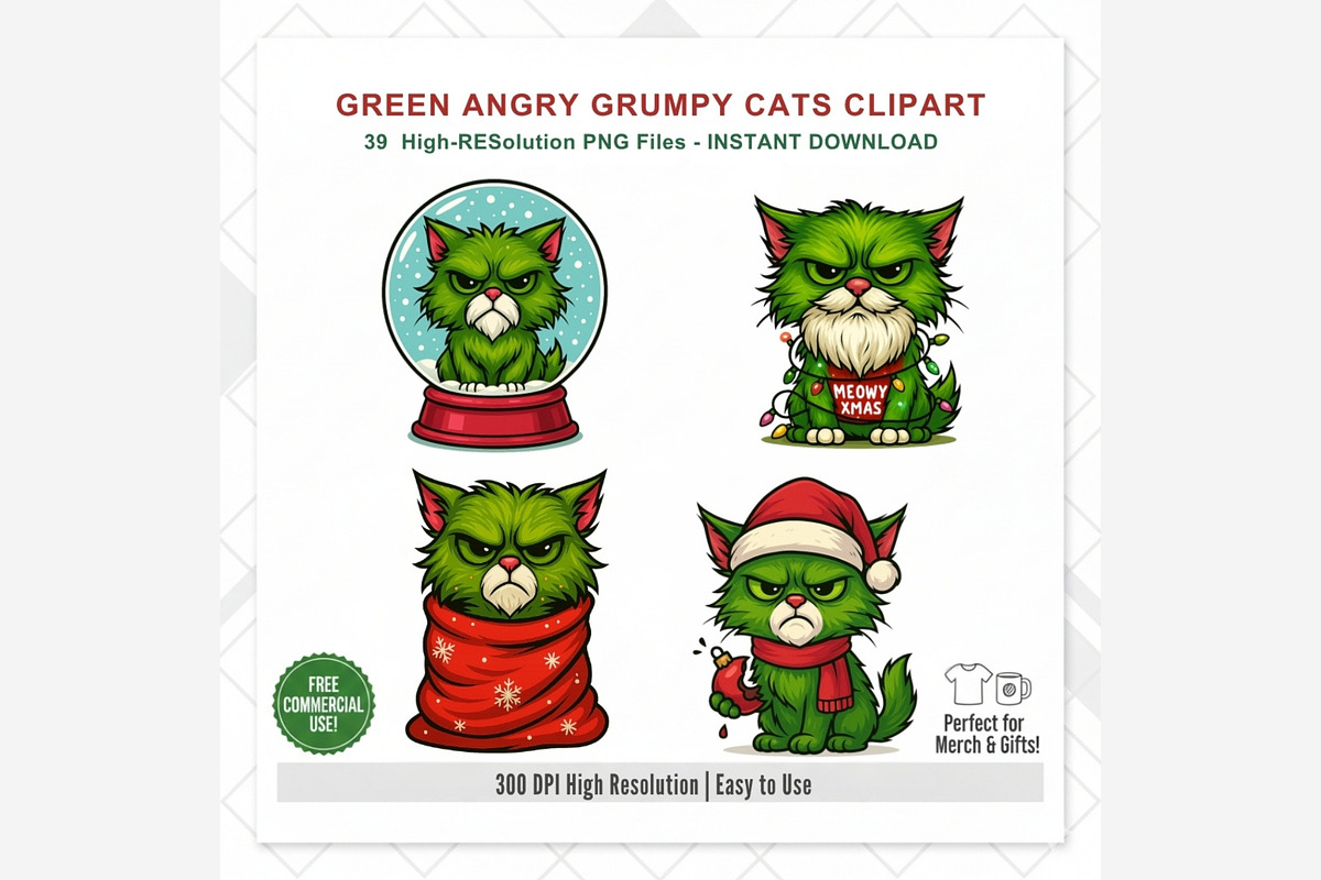 Green Angry Grumpy Christmas Cats, an Animal Illustration by Tanya Kart (Photo 10 of 11)