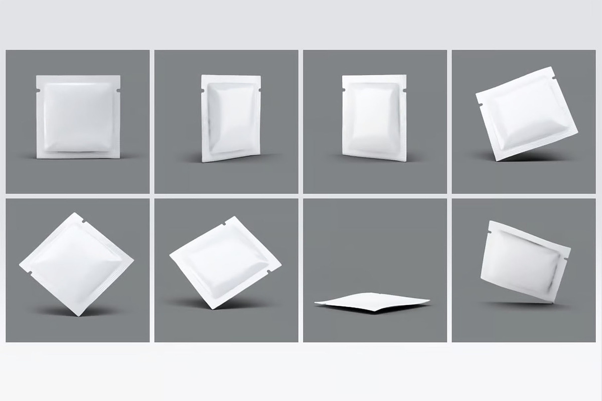 Square Pouch Sachet Mock-Up, a Packaging Mockup by DesignRushMarket (Photo 2 of 6)