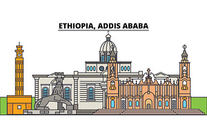 Ethiopia, Addis Ababa. City Skyline, Architecture, Buildings, Streets, Silhouette, Landscape, Panorama, Landmarks. Editable Strokes. Flat Design Line 