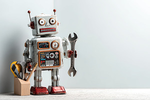Vintage tin robot holding a wrench, standing beside a wooden too, an Abstract Photo by Ales Munt