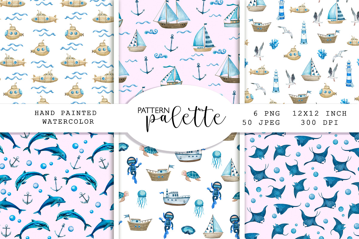 Watercolor Nautical Marine Patterns, a Pattern Graphic by PatternPalette (Photo 1 of 12)