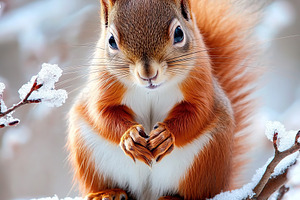 Squirrel perched on a snow-covered branch during winter in a forest setting, an Animal Photo by AlyaAnd