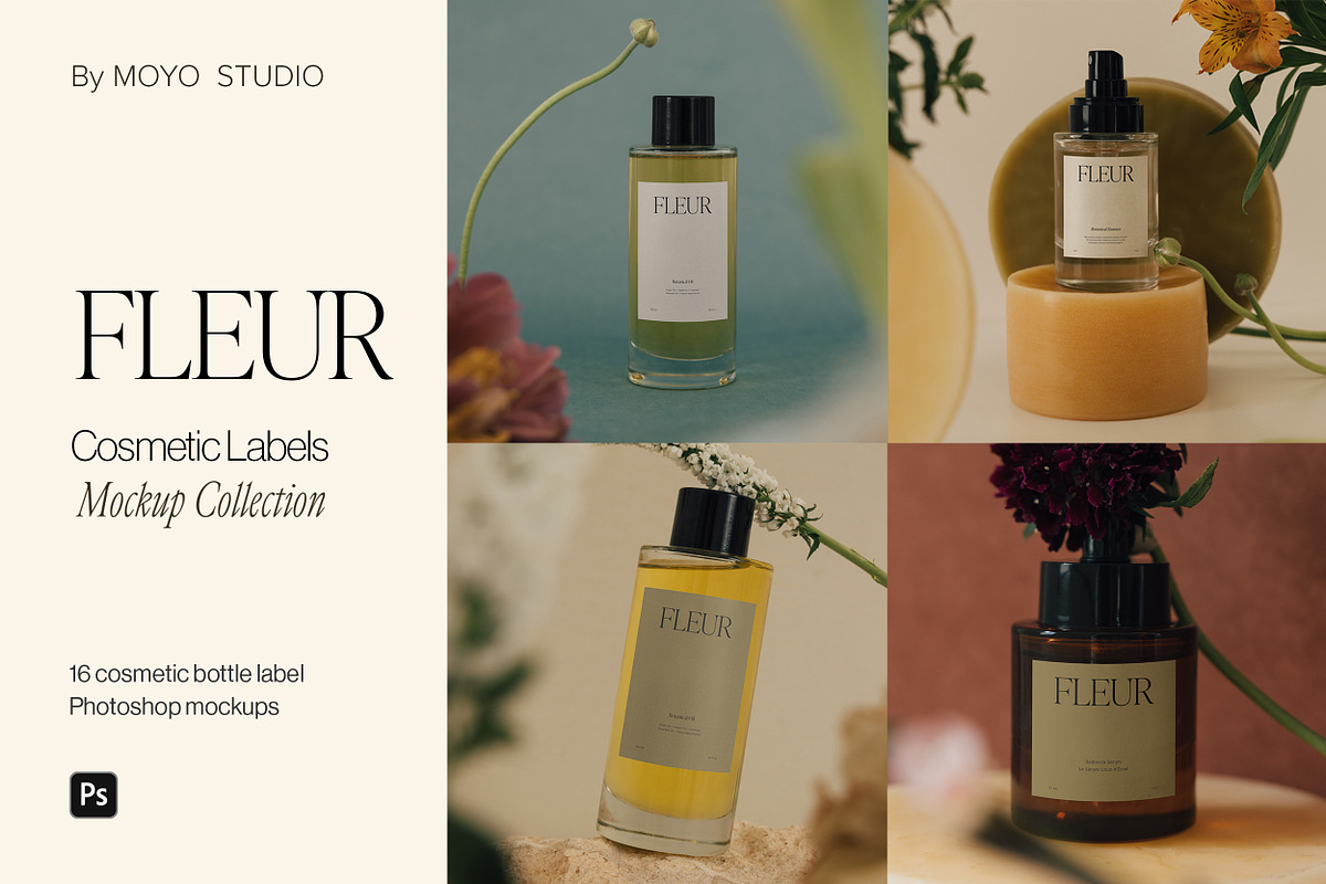 16 Cosmetic Bottle Label Mockups, a Packaging Mockup by Moyo Studio (Photo 2 of 14)