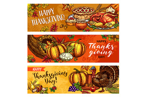 Thanksgiving Day Vector Greeting Banners Sketch