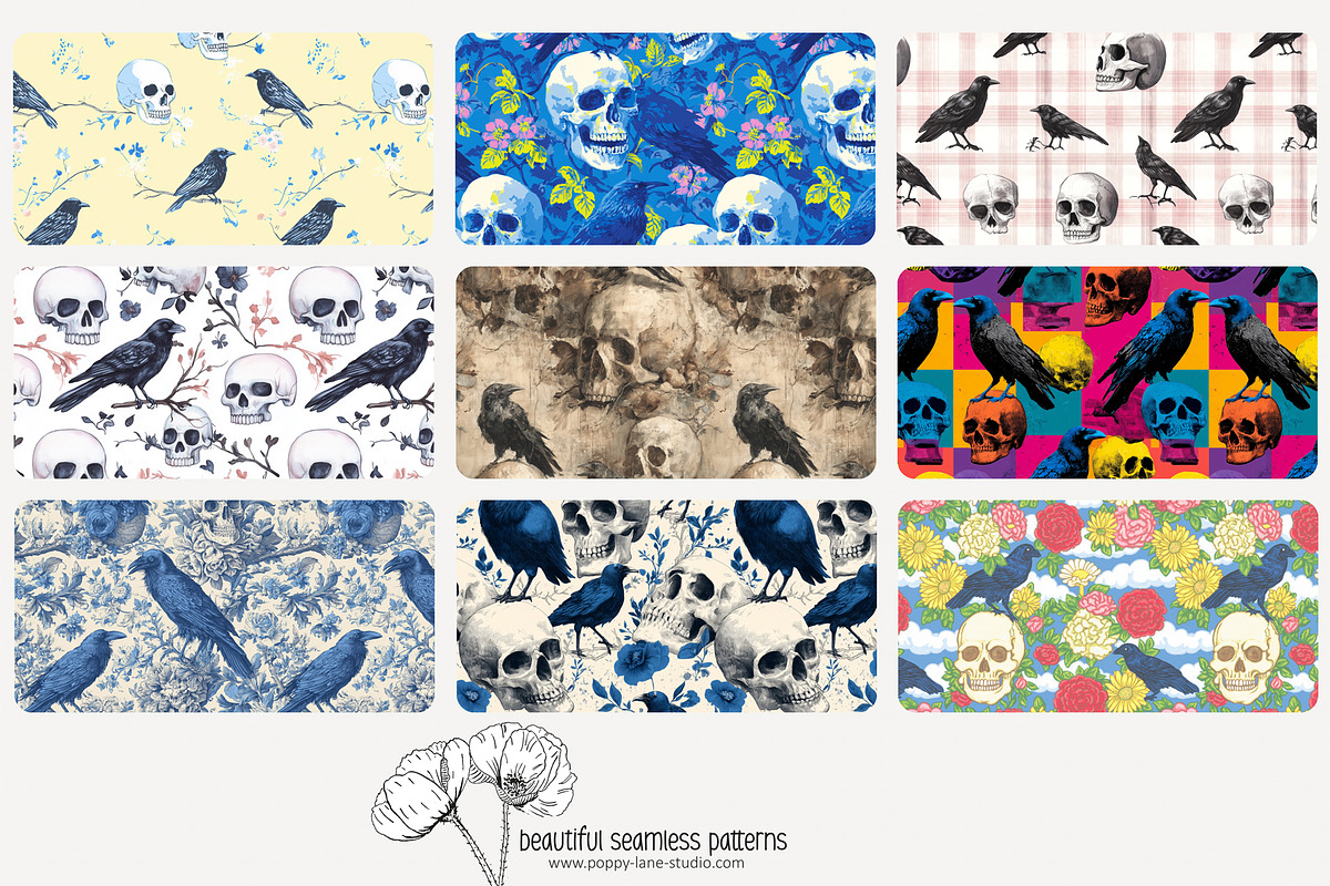 70 crows & skulls seamless pattern, a Pattern Graphic by Poppy Lane Studio (Photo 3 of 10)